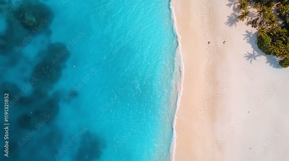 Fototapeta premium Stunning aerial view of a pristine beach with crystal-clear turquoise water and golden sand, ideal for relaxation and vacation.