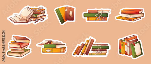 Collection of vector illustration of colorful stickers of books, stack of books, standing books. Book lover, bookstore, library, reading concept.