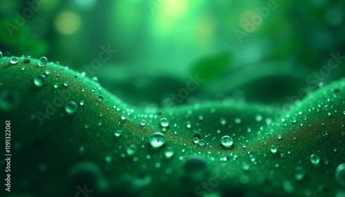 Serene Water Droplets on Emerald Textile with Natural Light Effects