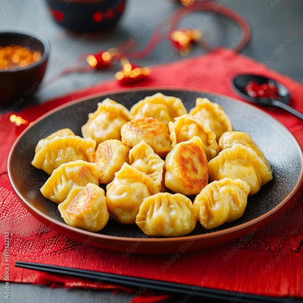 Chinese New Year celebration with delicious dumplings. Delicious dumplings served on a decorative plate. Chinese New Year celebration with delicious dumplings. Delicious dumplings served on a decorative plate.