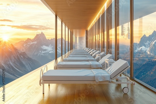 Serene Mountain View from Modern Wellness Retreat with Spa Beds and Sunset photo