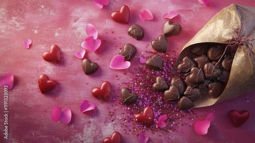 Heart-shaped chocolates and petals on a pink surface for valentine's day photo