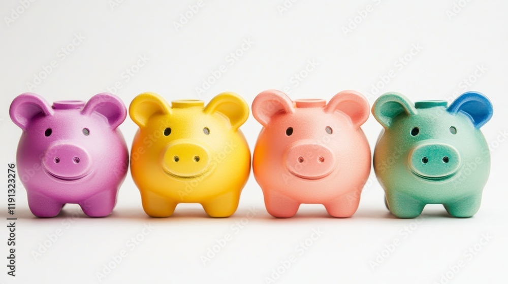 Four colorful piggy banks lined up, featuring smiling faces, ideal for saving money, teaching finances, and adding a playful touch to savings. Four colorful piggy banks lined up, featuring smiling faces, ideal for saving money, teaching finances, and adding a playful touch to savings.