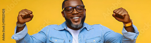 Joyful Man in Denim Jacket Studio Photo photo