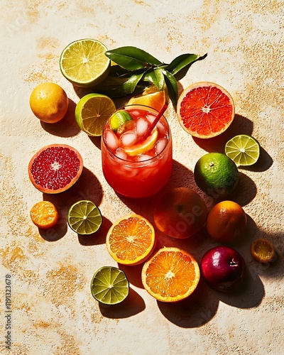 A glass of fruit punch is surrounded by a variety of fruit, including oranges photo