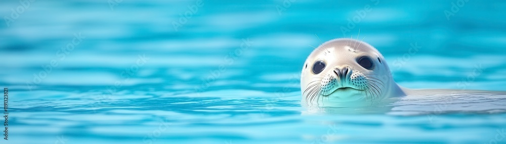 Fototapeta premium A close-up of a seal swimming in clear blue water, showcasing its playful expression and sleek body.