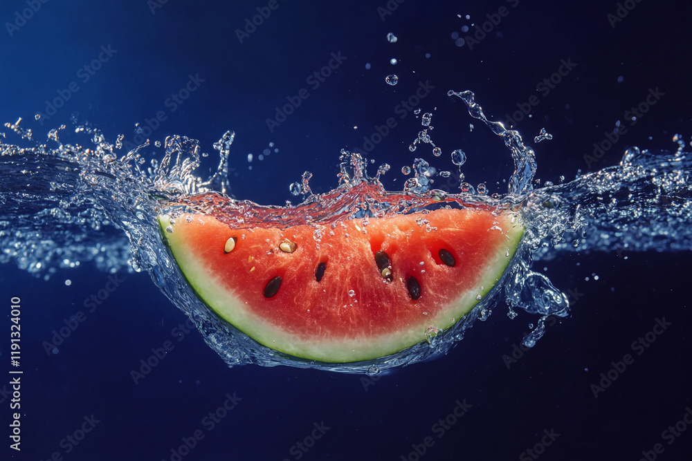 Watermelon slice splashing into water with bubbles on a blue background Watermelon slice splashing into water with bubbles on a blue background