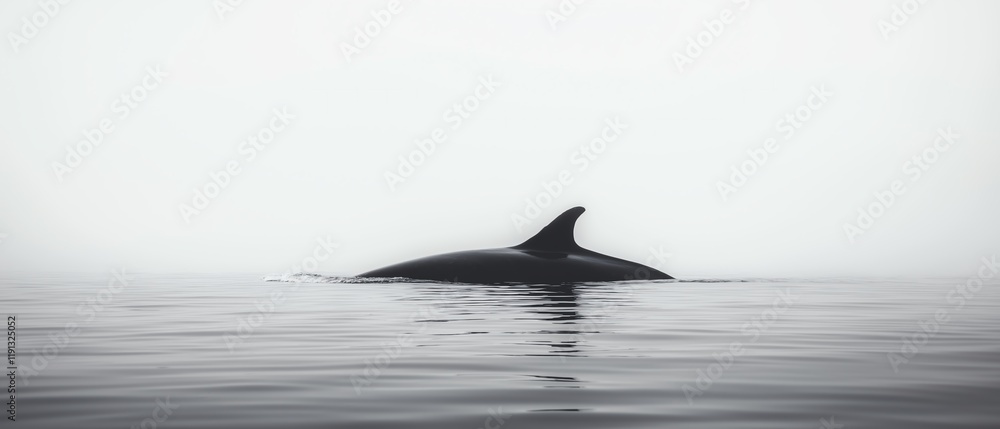 Naklejka premium A sleek silhouette of a whale gracefully surfaces in calm waters, enveloped in a misty atmosphere. This tranquil scene captures the essence of marine life and nature's beauty.