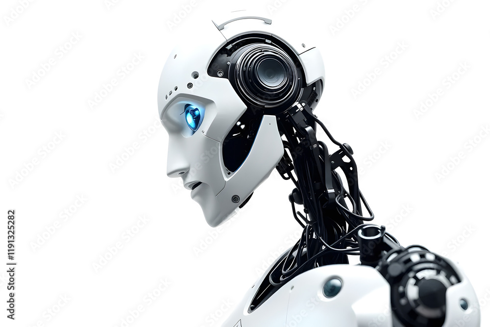A futuristic humanoid robot with a sleek white design, holding a finger to its lips in a gesture of silence against a plain white background. Artificial intelligence robot thinking. A futuristic humanoid robot with a sleek white design, holding a finger to its lips in a gesture of silence against a plain white background. Artificial intelligence robot thinking.