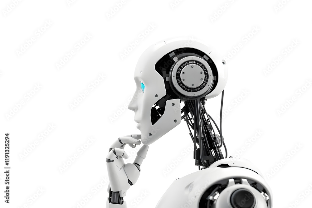 A futuristic humanoid robot with a sleek white design, holding a finger to its lips in a gesture of silence against a plain white background. Artificial intelligence robot thinking.