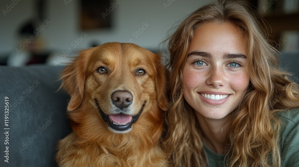 Smiling woman with a golden retriever on a couch. Smiling woman with a golden retriever on a couch.
