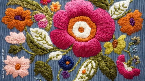 Close up of vibrant crewel embroidery showcasing intricate floral patterns and rich color contrasts on fabric canvas