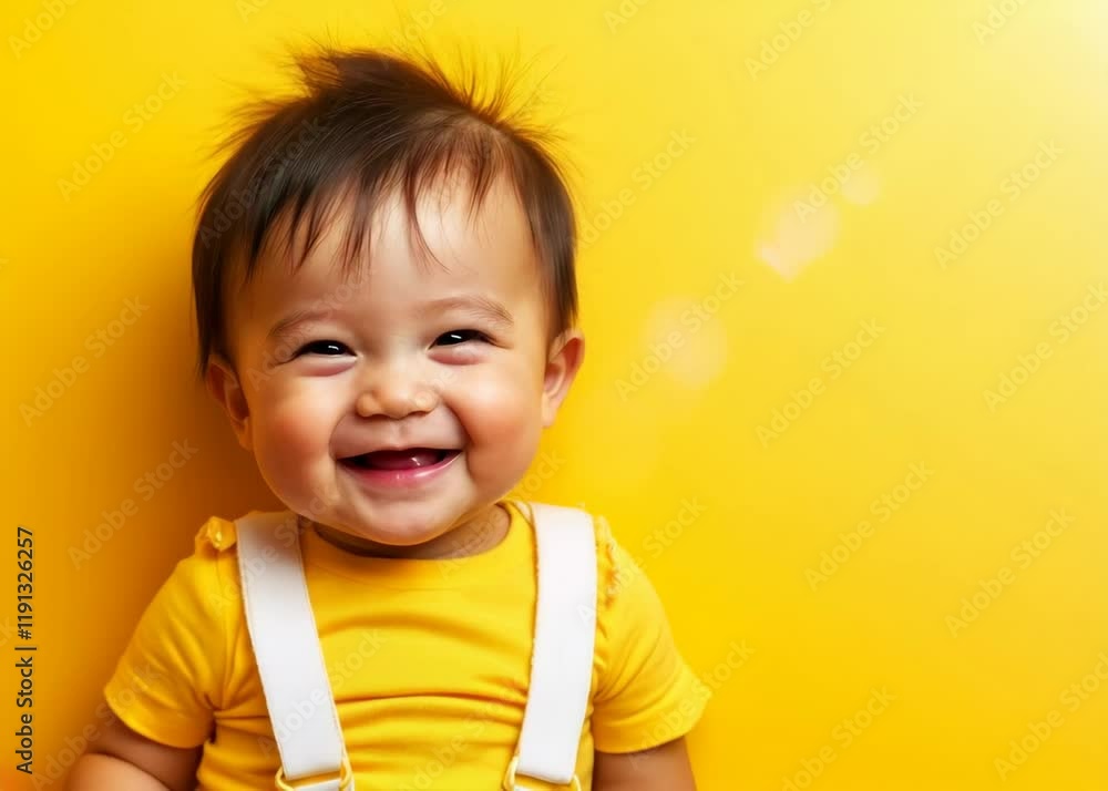 Adorable asian baby laughing on yellow background Adorable asian baby laughing on yellow background