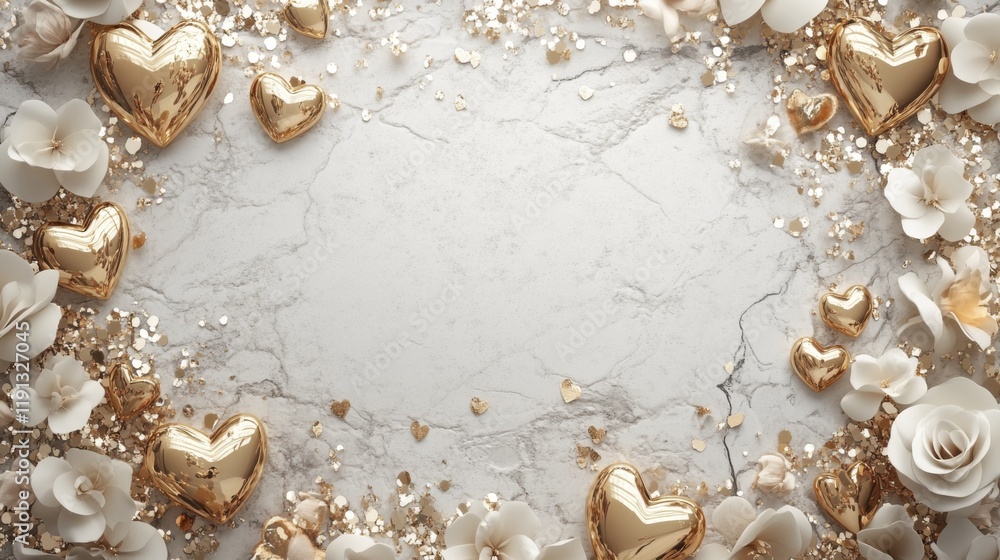 Obraz premium Elegant golden hearts and white flowers on marble background with glitter accents
