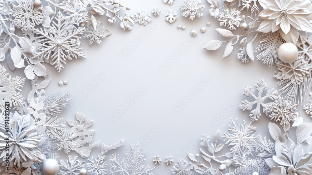 Festive Winter Border Design with Silver Elements and Delicate Snowflake Decorations Festive Winter Border Design with Silver Elements and Delicate Snowflake Decorations