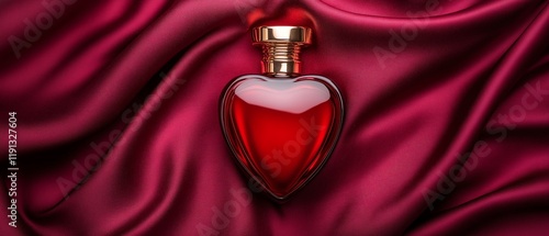 A stunning heart-shaped perfume bottle placed elegantly on rich red satin fabric, evoking feelings of romance and luxury, perfect for beauty and fashion themes.