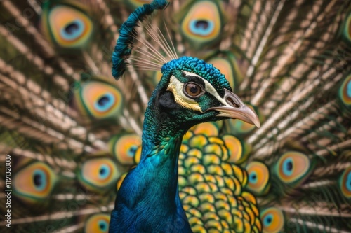 Vibrant peacock displaying feathers nature setting wildlife photography close-up view colorful beauty