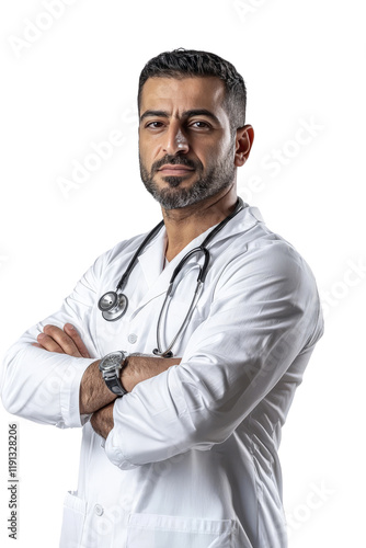 A confident Middle Eastern male doctor in his 30s, wearing a stethoscope, looking serious, isolated on transparent background, PNG file