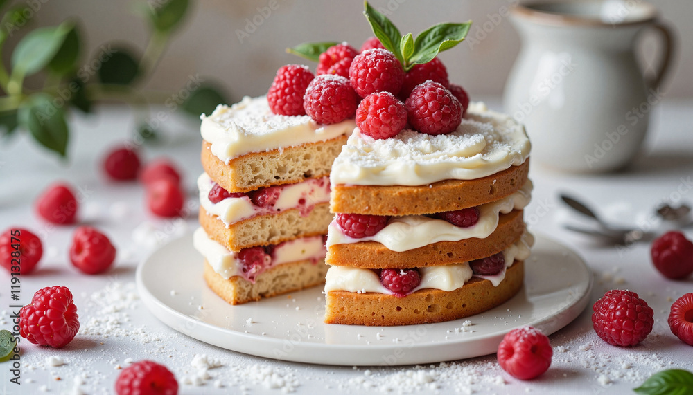 Raspberry layer cake with cream and fresh berries Raspberry layer cake with cream and fresh berries