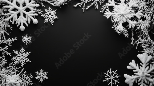Icy Winter Designs Featuring Snowflakes and Snow-Laden Borders on a Dark Background