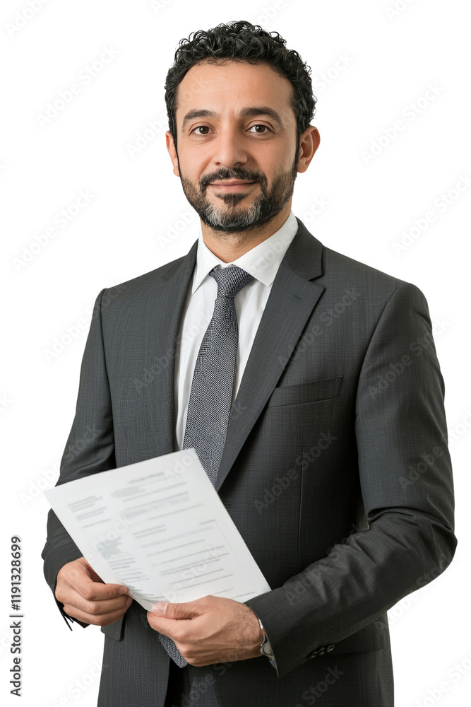 A confident Middle Eastern male lawyer in his 30s, wearing a suit and tie, holding legal documents, isolated on transparent background, PNG file A confident Middle Eastern male lawyer in his 30s, wearing a suit and tie, holding legal documents, isolated on transparent background, PNG file