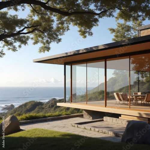 A luxurious and modern living room with huge windows and ocean views