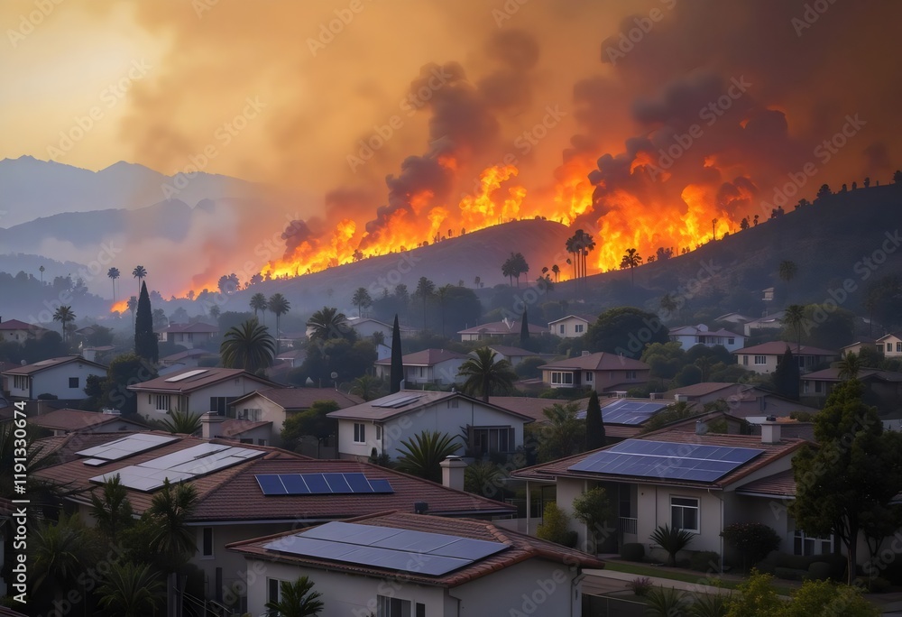 Wildfire Approaching a Suburban Neighborhood with Intense Flames Wildfire Approaching a Suburban Neighborhood with Intense Flames