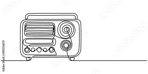 Radio one line continuous line. Line art retro radio outline, silhouette. Hand drawn vector art, Continuous one line drawing a vintage radio with a telescopic antenna sits on a table. The versatility 