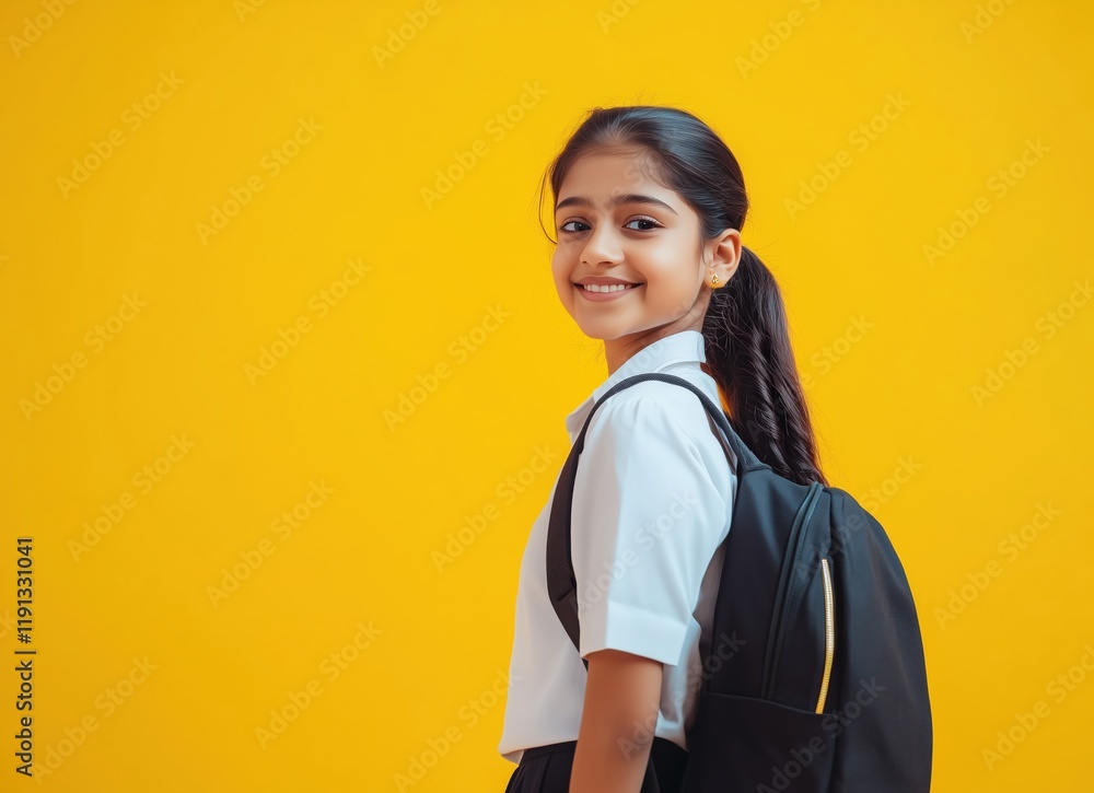 Joyful student poses with a backpack against a vibrant yellow backdrop, ready for a new adventure in learning Joyful student poses with a backpack against a vibrant yellow backdrop, ready for a new adventure in learning