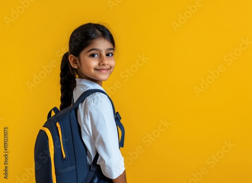 Bright smile of a young girl ready for school against a vibrant yellow backdrop photo