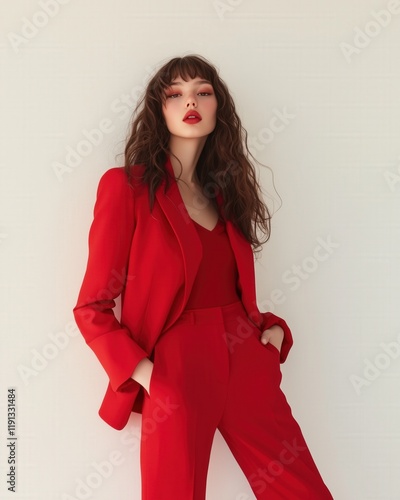 Captivating elegance in bold red attire exuding confidence and style during a contemporary fashion shoot