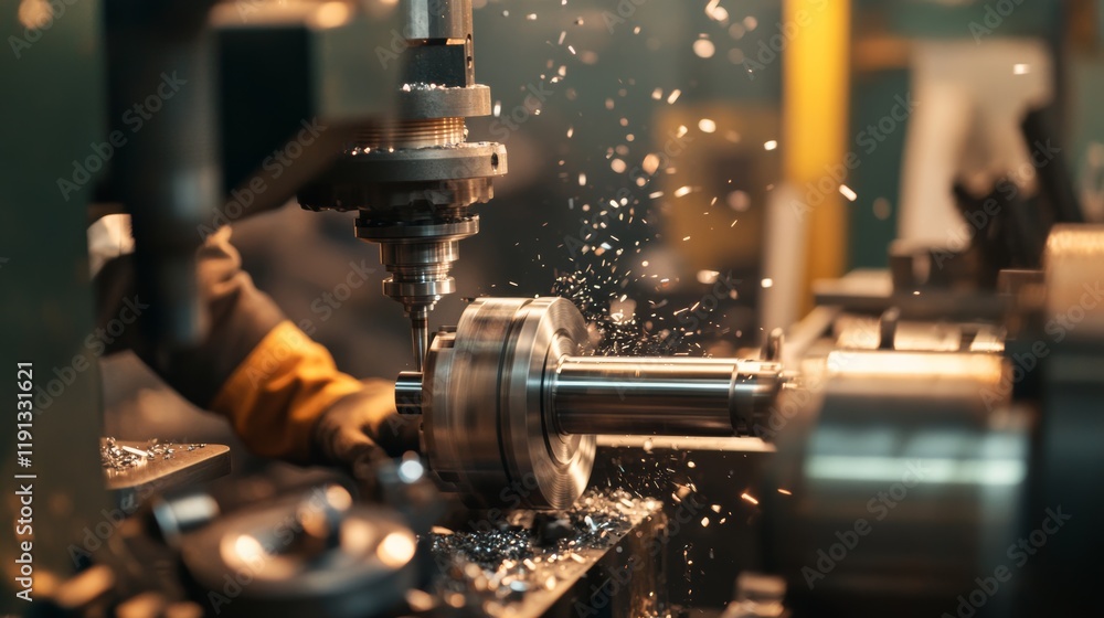 A close-up of a machinist in safety goggles operating a lathe machine in a bustling metal fabrication shop, surrounded by metal shavings and parts, Metal fabrication shop scene A close-up of a machinist in safety goggles operating a lathe machine in a bustling metal fabrication shop, surrounded by metal shavings and parts, Metal fabrication shop scene