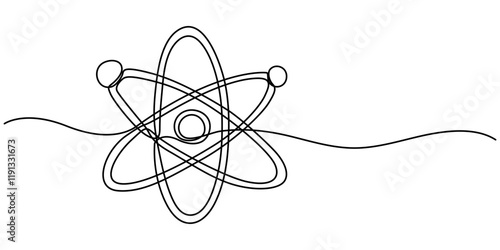 Continuous one line drawing atom or proton nucleus sign symbol isolated vector illustration, Atom symbol line art illustration, Continuous Line Drawing of Science Icon. science icon continuous one. 