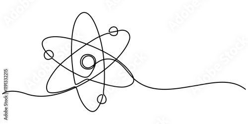 Continuous one line drawing atom or proton nucleus sign symbol isolated vector illustration, Atom symbol line art illustration, Continuous Line Drawing of Science Icon. science icon continuous one. 