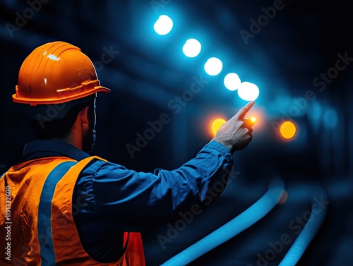 A worker in a hard hat signals in a dimly lit tunnel, guiding safe movement along the tracks illuminated by blue lights. photo