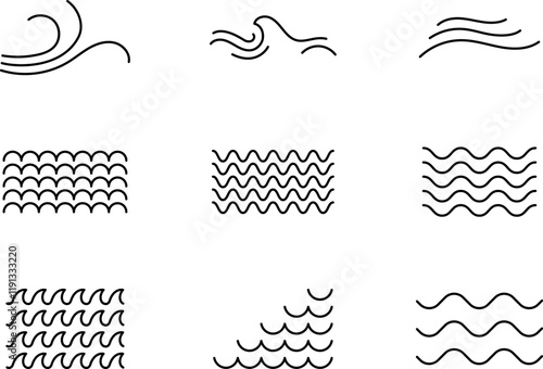 Ocean, sea waves flat simple lines vector set