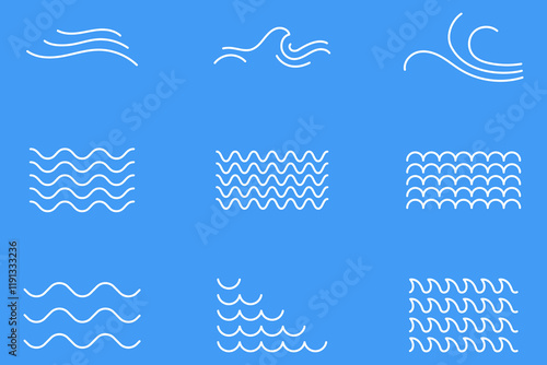 Ocean, sea waves flat simple lines vector set