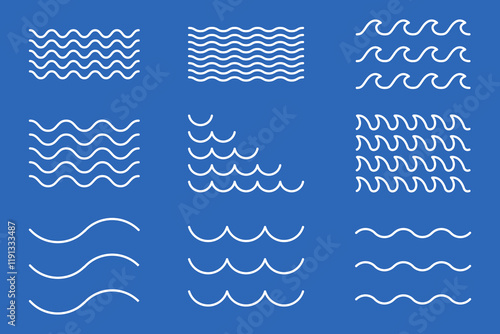 Ocean, sea waves flat simple lines vector set