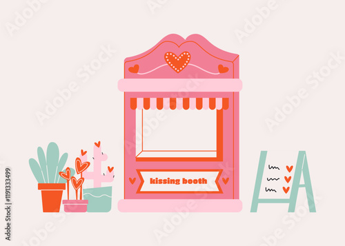 Cute Valentine’s Day Kissing Booth Illustration with Heart Decorations and Plants. Valentine’s Day themes, love-related designs, or festive romantic projects.
