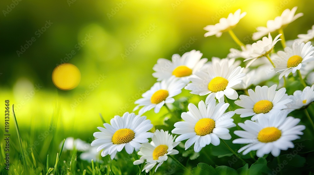 A vibrant arrangement of daisies in a lush green setting, illuminated by soft sunlight, creating a serene and cheerful atmosphere. A vibrant arrangement of daisies in a lush green setting, illuminated by soft sunlight, creating a serene and cheerful atmosphere.
