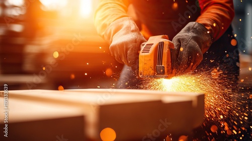 A craftsman works with power tools, creating sparks while shaping wood, highlighting the artistry and precision of woodworking. photo