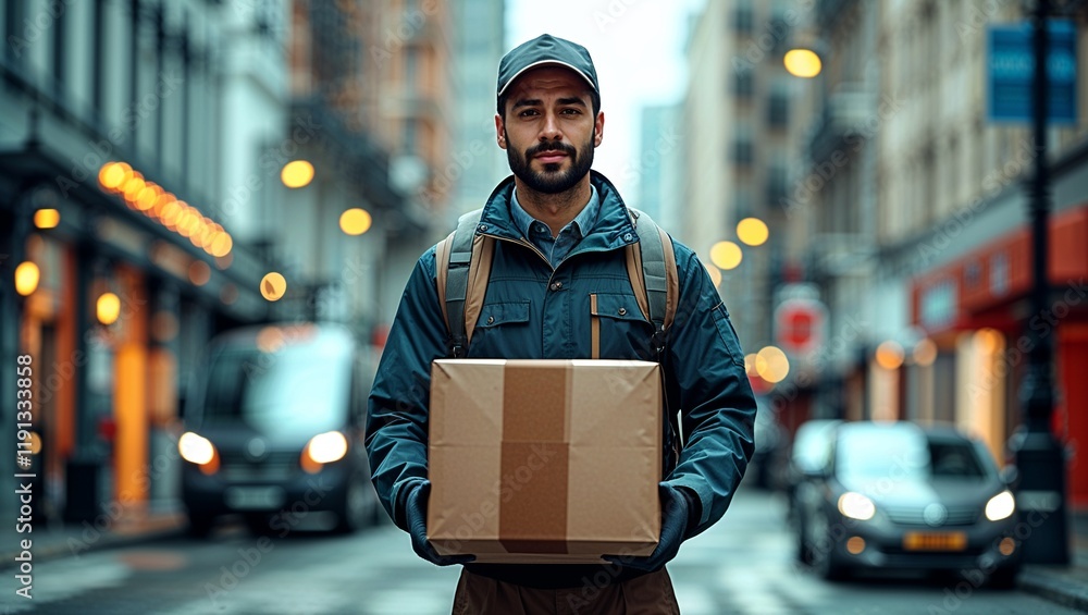 Package Delivery, Courier delivering a package in the city. Package Delivery, Courier delivering a package in the city.