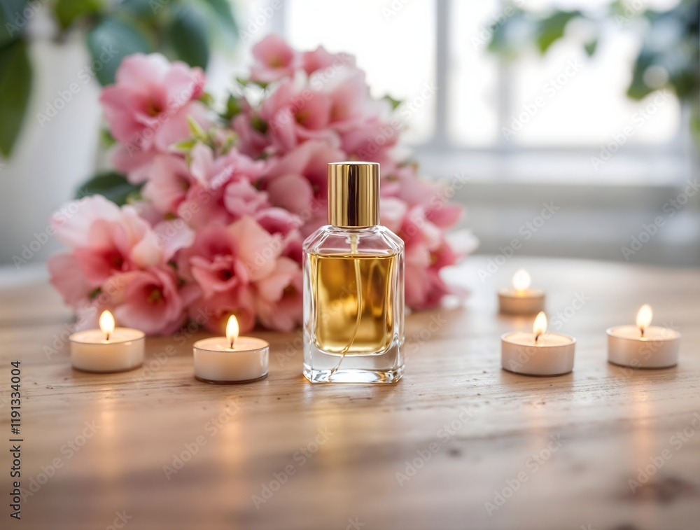 Elegant Perfume Bottle Surrounded by Flowers and Lit Candles on Wooden Surface Elegant Perfume Bottle Surrounded by Flowers and Lit Candles on Wooden Surface