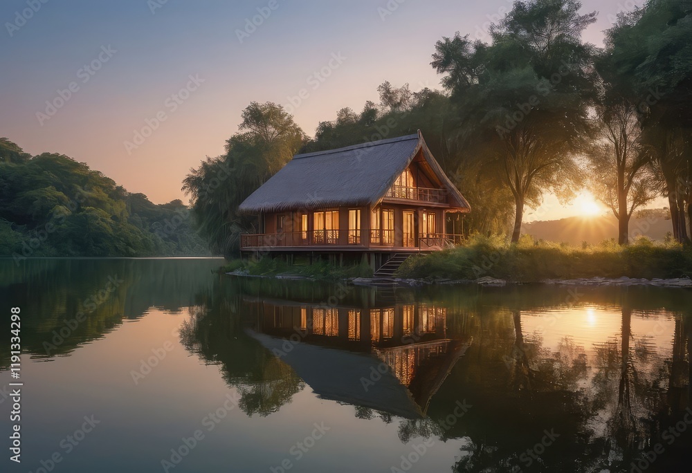 A quaint house is on a small island in the center of a lake A quaint house is on a small island in the center of a lake