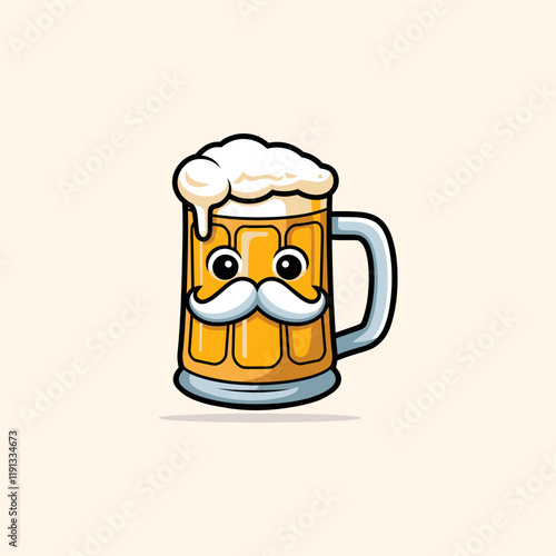 Cartoon Beer Mug with a Mustache, Perfect for Oktoberfest