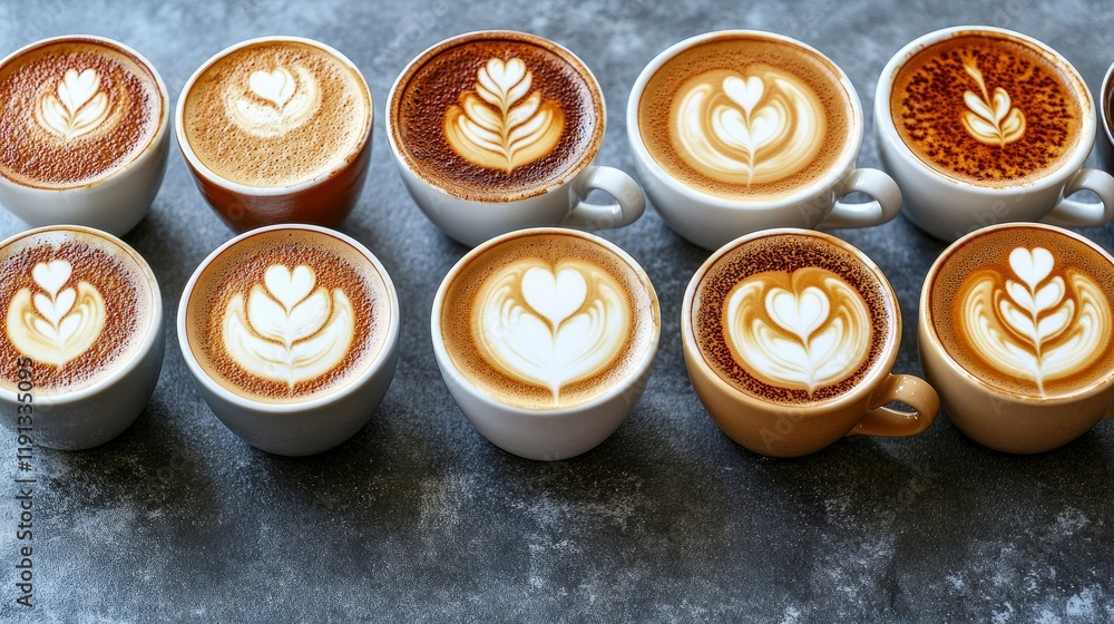 Ten Exquisite Latte Art Coffee Cups on a Dark Grey Surface Ten Exquisite Latte Art Coffee Cups on a Dark Grey Surface