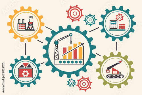 Manufacturing icons, mass production symbols, industrial processes, conveyor belts, assembly lines, factory automation, quality control, supply chain management, productivity charts, product developme