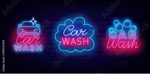 Car wash neon labels collection. Soap bubbles. Shiny automobile. Auto clean service. Vector stock illustration