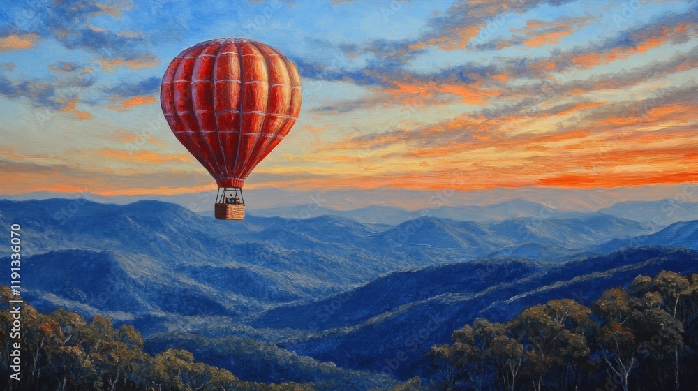 Fototapeta premium Red hot air balloon soaring over majestic mountain range at sunset.