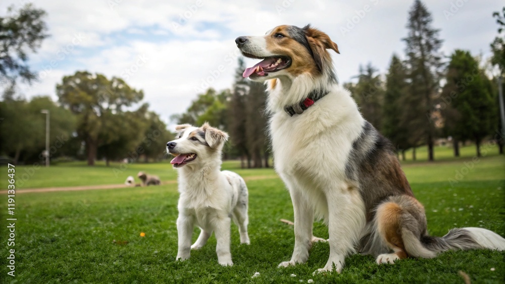 Dos perros juntos en un parque (uno grande y otro pequeño) Dos perros juntos en un parque (uno grande y otro pequeño)